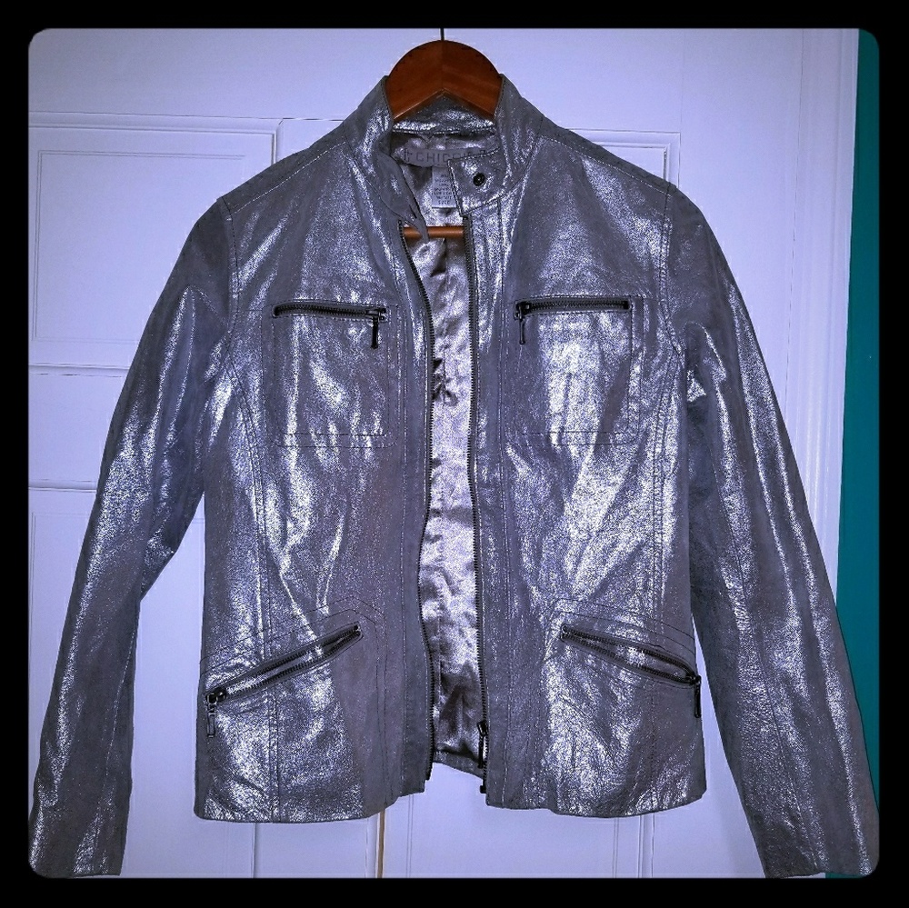 NEW CHICO'S Biker leather JACKET, Pewter/ METALLIC